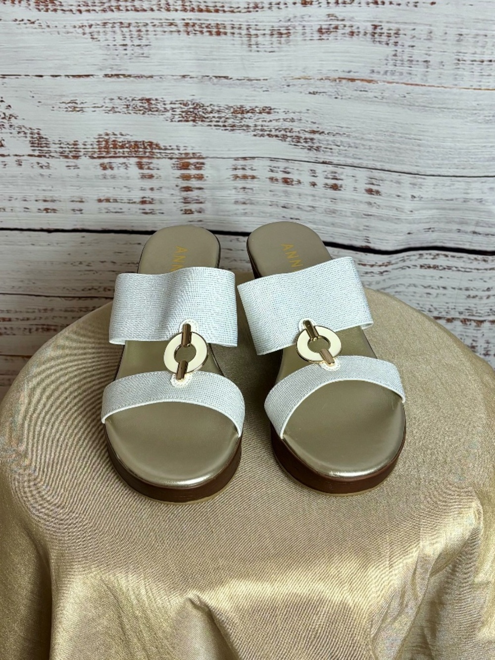 Anne Klein white sandals with gold hardware size 8